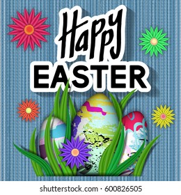 Happy Easter Card. Art Typography Text. Best Design Templates. Fabric Texture with Bright Flower, Eggs, Green Grass. Invitation Banner for Holiday Days and Celebration Date. Vector Illustration.