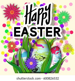 Happy Easter Card. Art Typography Text. Best Design Templates. Dots Texture with Bright Flower, Eggs, Green Grass. Invitation Banner for Holiday Days and Celebration Date. Vector Illustration.