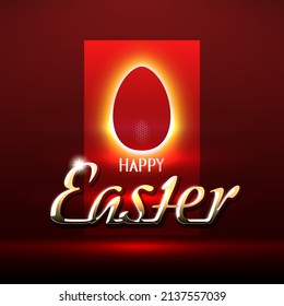 Happy Easter. Easter card in auto show style. Shiny golden logo on a red background, glowing egg outline. Auto theme. Greeting card for custom, spare parts suppliers, car dealers. Vector illustration