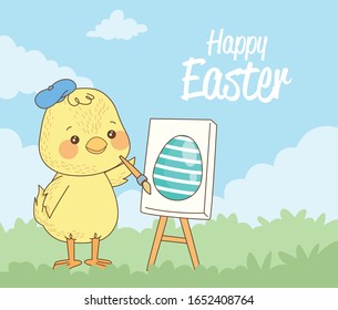 happy easter card with baby chick painting egg vector illustration design