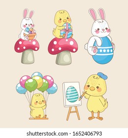 happy easter card with baby chicks and rabbits group vector illustration design