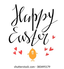 Happy Easter card. Background with calligraphic text, chicken, hearts isolated