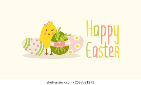 Happy Easter card background with a cute yellow chick, decorated eggs, and a festive bow. vector illustration