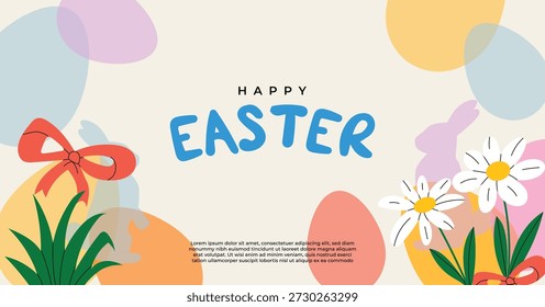 Happy easter card background, easter eggs, rabbit, and ribbon bow element