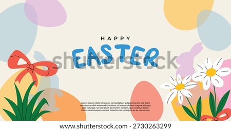 Happy easter card background, easter eggs, rabbit, and ribbon bow element