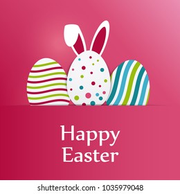 Happy Easter Card, Background With Painted Easter Eggs And Bunny Ears - Colorful Vector Illustration