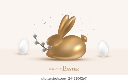 Fondo de tarjeta de Pascua feliz. Huevos blancos metálicos blancos y conejo dorado. Banner de vacaciones con conejito de pascua dorado y gatines. Vacaciones vector festivo.