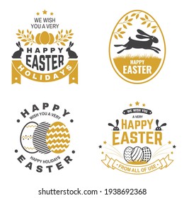 Feliz tarjeta de Pascua, insignia, logo, cartel. Vector. Diseño tipográfico con conejo de Pascua y huevos de mano. Moderno estilo minimalista. Para afiche, tarjeta de saludo, overlay, sticker. Caza de huevos de Pascua
