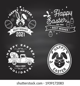 Happy Easter card, badge, logo, sign. Vector. Typography design with easter rabbit and hand eggs. Modern minimal style. For poster, greeting card, overlay, sticker. Easter Egg Hunt