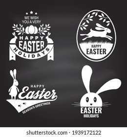 Happy Easter card, badge, logo, sign. Vector. Typography design with easter rabbit and hand eggs. Modern minimal style. For poster, greeting card, overlay, sticker. Easter Egg Hunt