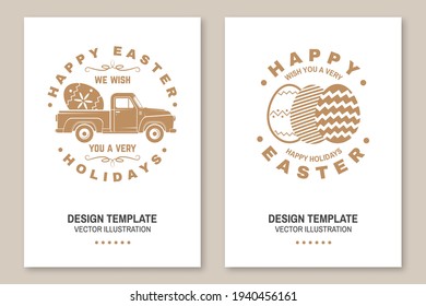 Happy Easter card, badge, logo, sign. Vector. Typography design with easter rabbit and hand eggs. Modern minimal style. For poster, greeting card, overlay, sticker. Easter Egg Hunt
