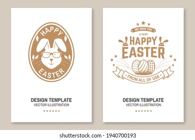 Happy Easter card, badge, logo, sign. Vector. Typography design with easter rabbit and hand eggs. Modern minimal style. For poster, greeting card, overlay, sticker. Easter Egg Hunt