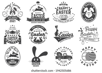 Happy Easter card, badge, logo, sign. Vector. Typography design with easter rabbit and hand eggs. Modern minimal style. For poster, greeting card, overlay, sticker. Easter Egg Hunt