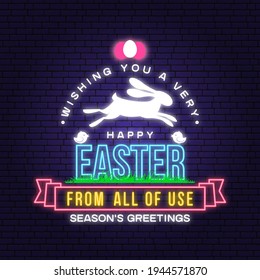 Happy Easter card, badge, logo, sign. Vector. Typography design with easter rabbit and hand eggs. Modern minimal style. For poster, greeting card, overlay, sticker