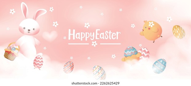 Happy Easter card, banner, background with bunny, chick and eggs in the clouds, pastel colors
