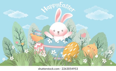 Happy Easter card, banner, background with mostly hares, eggs and chicks on the meadow