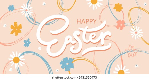 Happy Easter Card, Banner, Hintergrund. Buntes Urlaubsdesign mit Eiern, Schriftzügen, Blumen. 