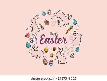 Happy easter card banner with bunnies doodle style. invitation card. Vector illustration