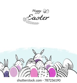 Happy Easter card and banner with a composition of eggs and rabbits. Vector hand drawn illustration.
