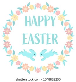 Happy Easter card banner cute bunnies in flower wreath. Hand drawn background with cute animals. Vector art