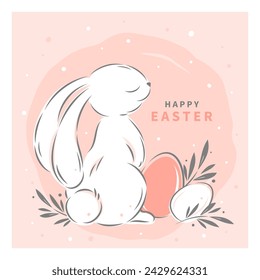 Happy Easter card, banner with cute Easter rabbit and eggs in pastel colors. Vector illustration for greeting background or poster.