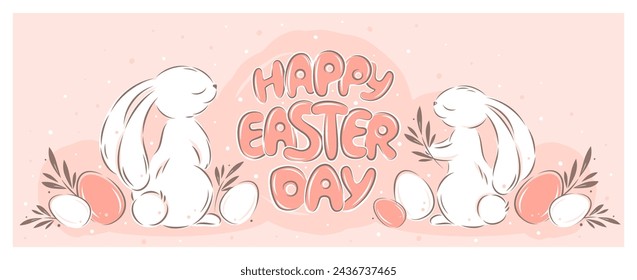 Happy Easter card, banner with cute Easter rabbit and eggs in pastel colors. Vector illustration for greeting background or poster.