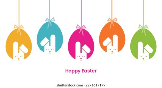 Happy Easter, Easter card, banner. Easter eggs, rabbit. Hanging Easter eggs. Vector illustration. 