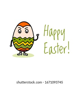 Happy Easter card or banner with funny painted Easter egg mascot character.