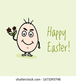 Feliz Pascua o pancarta con graciosos personajes de mascota de huevo de Pascua sosteniendo flores.