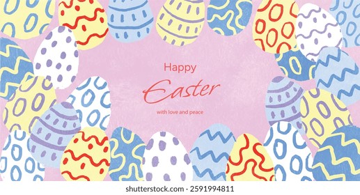 Happy Easter card, banner, or horizontal poster with hand-drawn colorful Easter eggs in pastel tones, featuring festive typography and modern design, perfect for holiday greetings, web, and print.