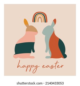 Happy Easter card or banner with rabbits, Trendy design with typography, hand drawn rainbow with bunny in pastel colors. Modern art minimalist style.

