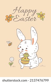 Happy Easter card or banner template with funny rabbit or bunny, hand drawn doodle vector illustration. Easter holiday design for posters and greeting cards.