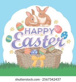 Happy Easter, card, banner, template, bunny, Easter eggs, basket, custom, celebration, children.