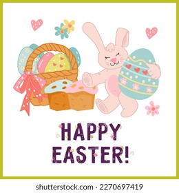 Happy easter card or banner vector illustration in flat style isolated on white background. Easter card with cute bunny character.
