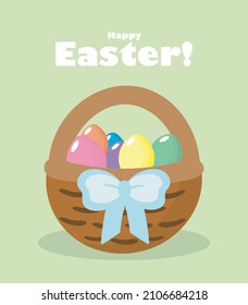 Happy Easter Card with basket and colored Eggs. Vector illustration. Cartoon style.