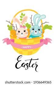 Happy Easter card. Basket with cute rabbits, carrots, floral elements, ribbon and typographic design. Vector illustration.