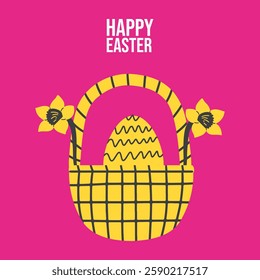Happy Easter card with basket with egg and daffodil flowers. Vector hand-draw illustration