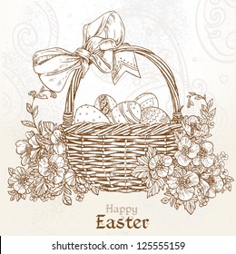 Happy Easter card with a basket of Easter eggs in vintage colors