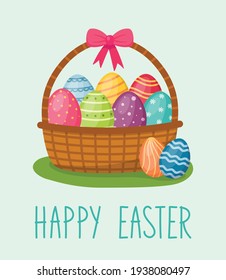 Happy Easter card. Basket with eggs, handwriting text, vector illustration