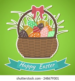 Happy Easter card. Basket with Easter eggs. Vector illustration