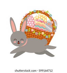 happy easter card with basket with eggs and bunny icon over white background. colorful design. vector illustration