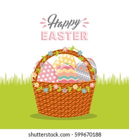 happy easter card with basket with eggs icon. colorful desing. vector illustration