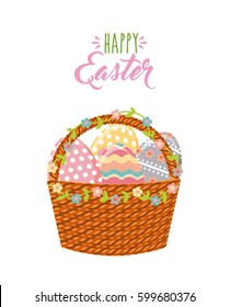 happy easter card with basket with eggs over white background. colorful design. vector illustration