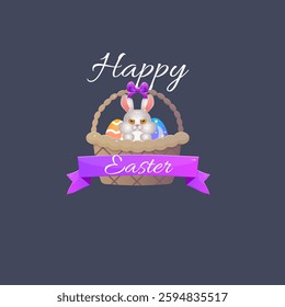 Happy Easter Card Basket With Rabbit Eggs Purple Bow And Ribbon Cute Cartoon Isolated Vector Design