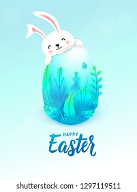 Happy easter card with big 3d spring leaves egg behind which smiling cute rabbit is hiding. Text lettering sign for greeting holiday background. Vector illustration.