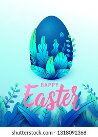 Happy easter card, big 3d nature egg with spring leaves. Text lettering sign for greeting holiday background. Vector illustration.