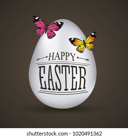 happy easter card big white eggs butterflies on black background