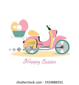 Feliz tarjeta de Pascua. Bicicleta con canasta de huevos. Ilustración vectorial plana.