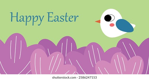 Happy Easter Card With Bird and Floral Background in Pastel Colors. Easter greeting card design with a cute bird, vibrant flowers, and a lively color scheme. Perfect for sending warm Easter wishes