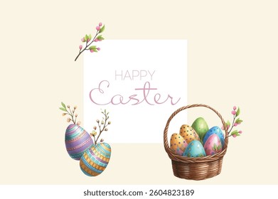 Happy Easter card with birds and eggs – watercolor vector